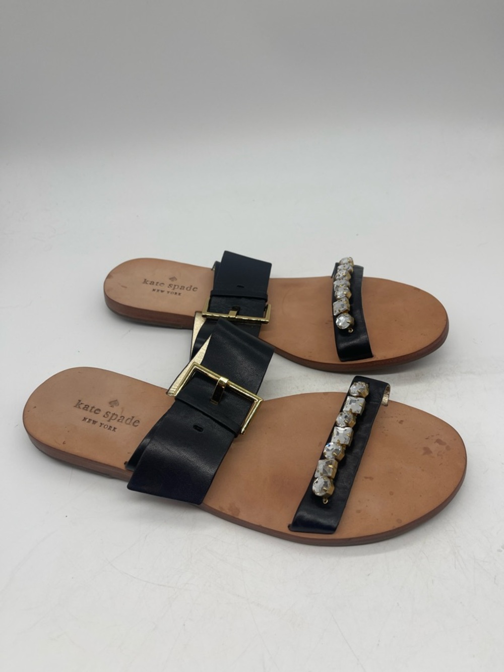 kate spade Black Leather Slide Sandals with Gem Accents Sz 8